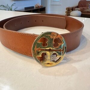 Tory Burch Tan Leather Belt with Gold Emblem